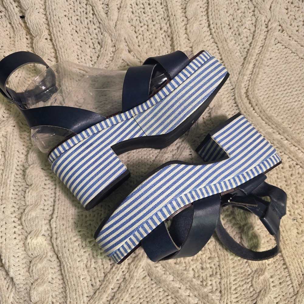 Barneys New York Platform Sandals Navy Striped Leather Women 37 6 6.5 Excellent